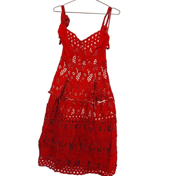 THREE FLOOR Damsel Sweetheart Burnt Orange Overlay Tie Shoulder Eyelet Dress 6 - Picture 4 of 13